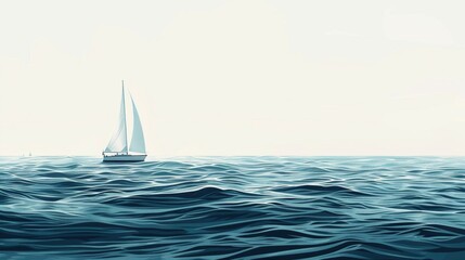 Obraz premium A lone sailboat on a calm ocean with a minimalist wave pattern AI generated illustration