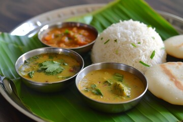 A plate of food sits on top of a vibrant green leaf, placed delicately on a wooden table, Idli and sambar served on a banana leaf with coconut chutney, AI Generated