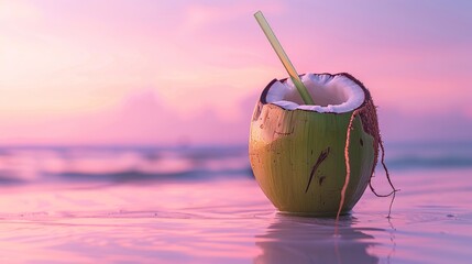 A lone coconut with a straw against a pastel sunset AI generated illustration - obrazy, fototapety, plakaty