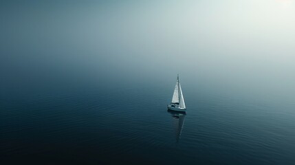 A lone sailboat on calm waters with minimalistic waves AI generated illustration - obrazy, fototapety, plakaty