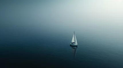 Foto op Canvas A lone sailboat on calm waters with minimalistic waves AI generated illustration © Olive Studio