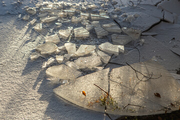 Chunks of shattered ice scattered on the bedrock landscape