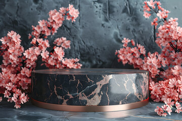 Modern Black Marble Podium, front view focus with Rose Gold Accents and Soft Pink Flowers Background, ultra-realistic, perfect for product showcase. - obrazy, fototapety, plakaty