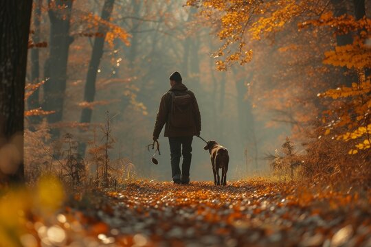 A man is seen walking a dog through a dense forest, surrounded by tall trees and green foliage, Hunter and his faithful hound tracking through an autumn forest, AI Generated