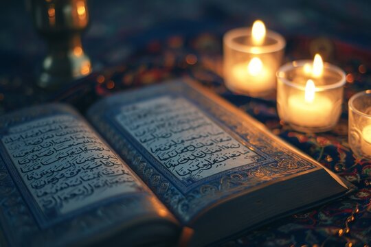 A group of lit candles sits on top of an open book, casting a warm glow against the pages, Illuminated Quran pages in soft candlelight, AI Generated