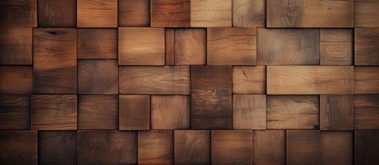 A detailed view showing a wooden wall covered in multiple small square wooden pieces