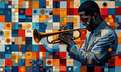 Man male jazz musician trumpeter playing a brass trumpet in an abstract cubist style painting for a...