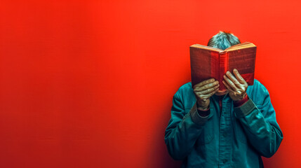 Man engrossed in reading against red background