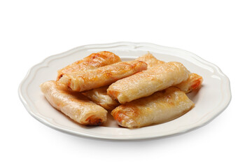Tasty fried spring rolls isolated on white