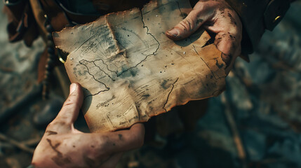 Close-up of the hands of an old pirate holding a treasure map and compass.