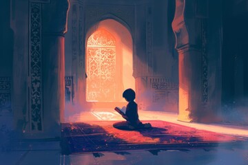 A person is seated on a rug, inside a dimly lit room, Illustration of a child studying Quran in an Islamic madrassa, AI Generated