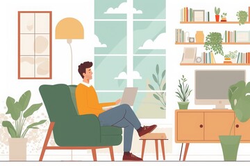 A man sitting in a chair, using a laptop computer, Illustration of a productive and stress-free remote work environment, AI Generated