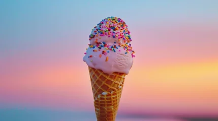 Foto auf Alu-Dibond A minimalist ice cream cone with sprinkles against a pastel sunset AI generated illustration © Olive Studio