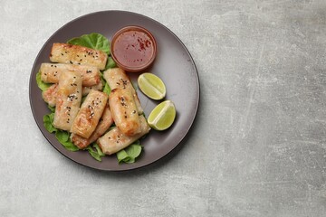 Tasty fried spring rolls with lettuce, lime and sauce on gray table, top view. Space for text