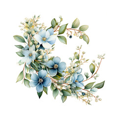 delicate watercolor floral wreath, blue flowers on a white background. - 764308250