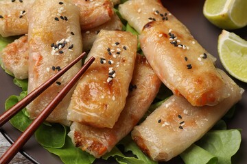 Tasty fried spring rolls served on table, closeup