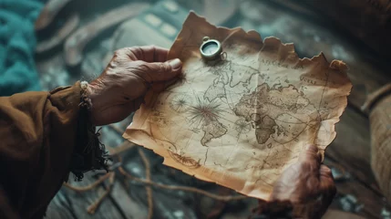 Foto op Plexiglas Close-up of the hands of an old pirate holding a treasure map and compass. © Roxy jr.