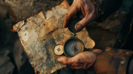 Tuinposter Close-up of the hands of an old pirate holding a treasure map and compass. © Roxy jr.