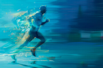 illustration of an athlete man, he is running leaving a speed trail on blue background