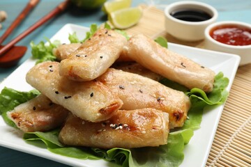 Tasty fried spring rolls and lettuce on light blue wooden table, closeup