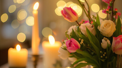 Postcard for Women's Day. Candles and flowers. Horizontal format. - 764308456