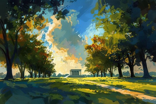 This photo depicts a park scene featuring trees and a bench, captured through a painting, Illustration of the Tomb of the Unknown Soldier at Arlington National Cemetery, AI Generated