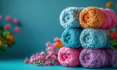 Multicolored skeins of knitting thread on a blue background. Place for text - obrazy, fototapety, plakaty