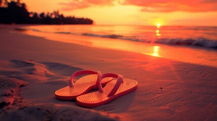 A pair of flip-flops on a sandy beach with a gradient sunset  AI generated illustration