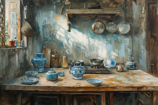 This photo depicts a painting of a kitchen featuring an arrangement of blue and white dishes on display, Impressionistic painting of an old Chinese kitchen, AI Generated