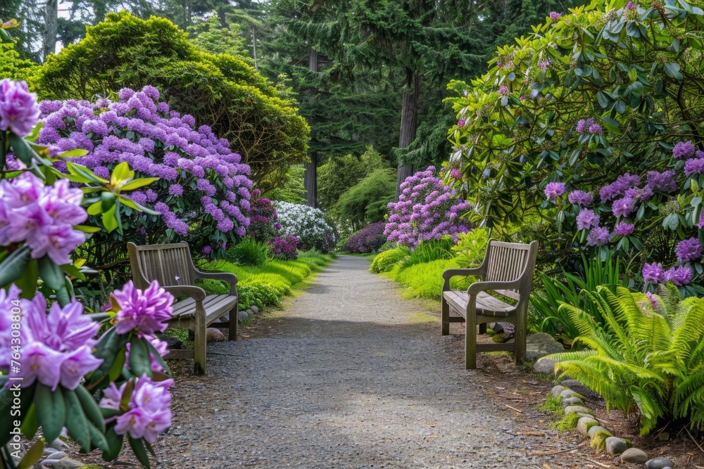 Poster beautiful rhododendron bushes in full bloom, surrounded by trees and grasses on the sides of an eleg
