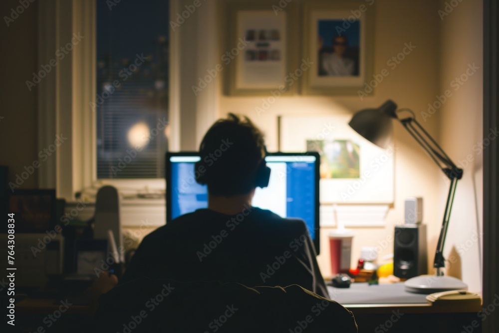 Poster a man is seated at a desk, using a computer and focused on his work, interference of home life withi