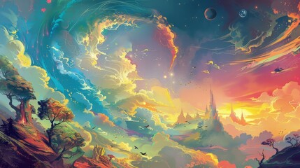 Obraz na płótnie Canvas A psychedelic landscape with swirling clouds rainbow-colored mountains and fantastical creatures AI generated illustration