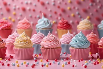 Colorful cupcakes with vibrant icing against a playful candy background