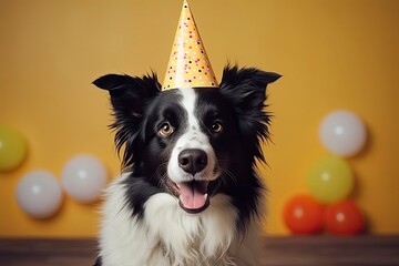 Happy Birthday party concept. Funny cute dog border collie wearing birthday silly hat and eyeglasses isolated on one color background. Pet dog on Birthday day and copy space - generative ai