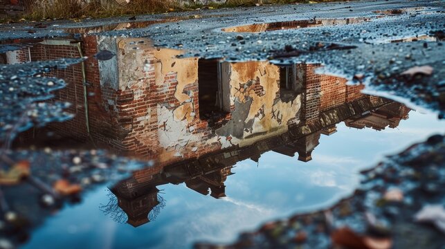 A puddle of stagnant water reflecting a ruined building AI generated illustration
