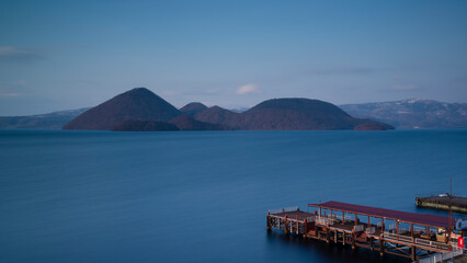 Toya Lake, Japan - March 28 2016: Toya lake and the nakajima island in the toya national geopark