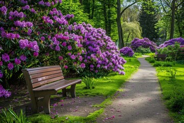 Garden with blooming rhododendron bushes, path and wooden benches in the park, purple flowers, trees, green grass Generative AI
