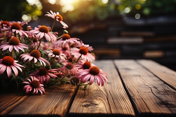 Empty rustic old wooden boards table copy space with Echinacea or coneflower plants in background. Product display template - obrazy, fototapety, plakaty