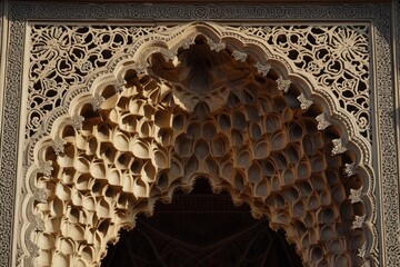 This photo showcases a detailed view of a building, highlighting a single window as the main focal point, Intricate geometric patterns in mosque architecture, AI Generated - obrazy, fototapety, plakaty