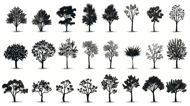 A set of trees, vector illustration, in the style of watercolor, white background, simple design, high resolution