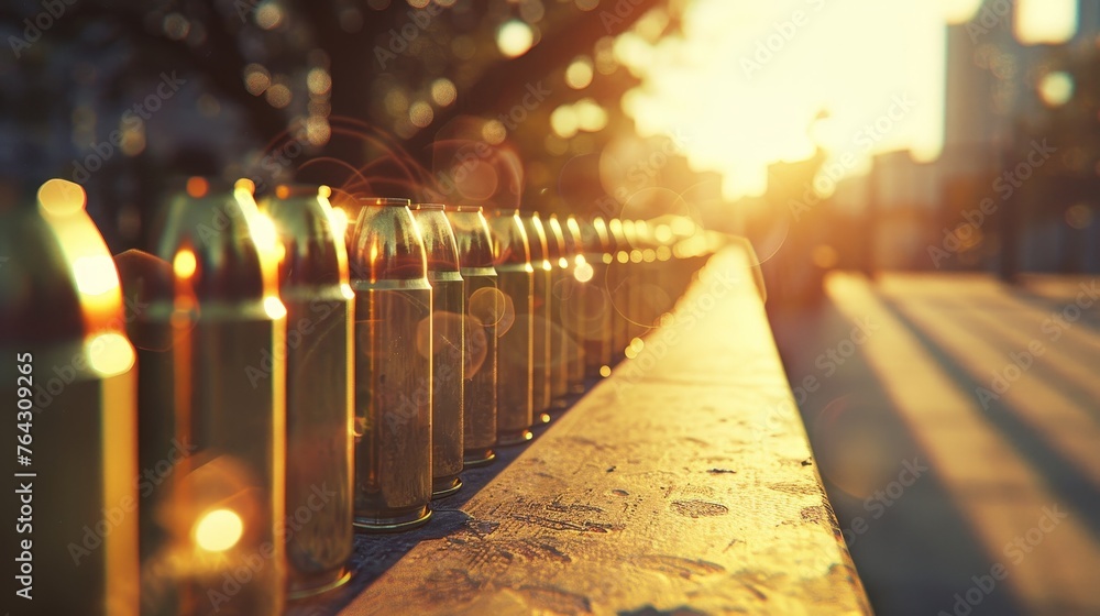 Aufkleber a row of empty shell casings gleaming in the sun ai generated illustration