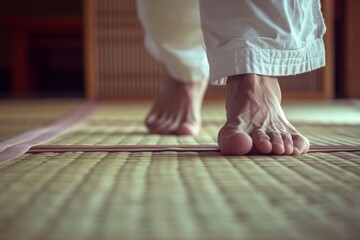 This photo captures a close-up view of a persons bare feet resting on a mat, Karateka's barefoot on a tatami mat, AI Generated