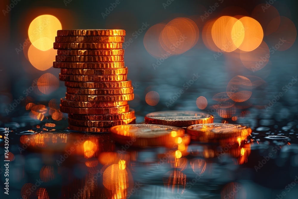 Aufkleber golden coins stacked in increasing columns on a reflective surface with warm bokeh lighting effect.