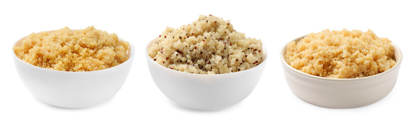 Tasty quinoa porridge in bowls isolated on white, set