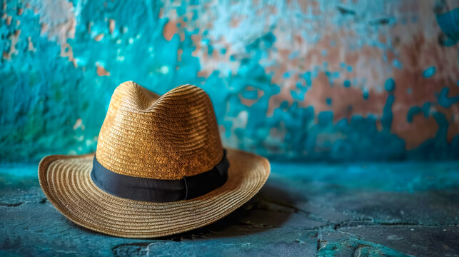 Vintage straw hat on textured background