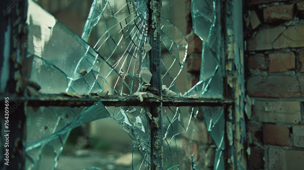 Aufkleber a shattered window frame with shards of glass scattered around ai generated illustration