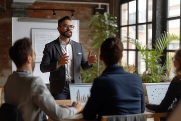 A man stands at a podium, delivering a presentation to a diverse group of attentive individuals, Leader addressing a business team during a brainstorming session, AI Generated