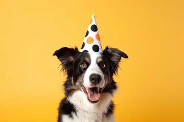 Happy Birthday party concept. Funny cute dog border collie wearing birthday silly hat and eyeglasses isolated on one color background. Pet dog on Birthday day and copy space - generative ai - obrazy, fototapety, plakaty