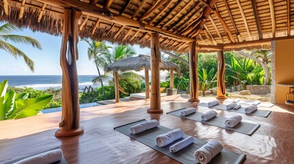 Obraz premium A serene wellness resort offering holistic retreats focused on mindfulness yoga and detoxification AI generated illustration