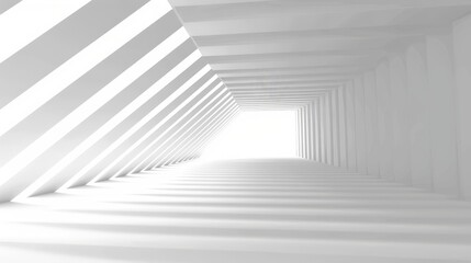 a long hallway with white walls and a light at the end of the tunnel in the middle of the room.
